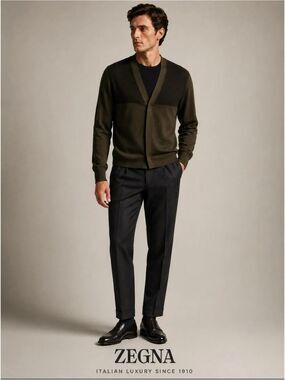Z Zegna Olive Green Colorblock Merino Wool Button Front V-Neck Cardigan Size S